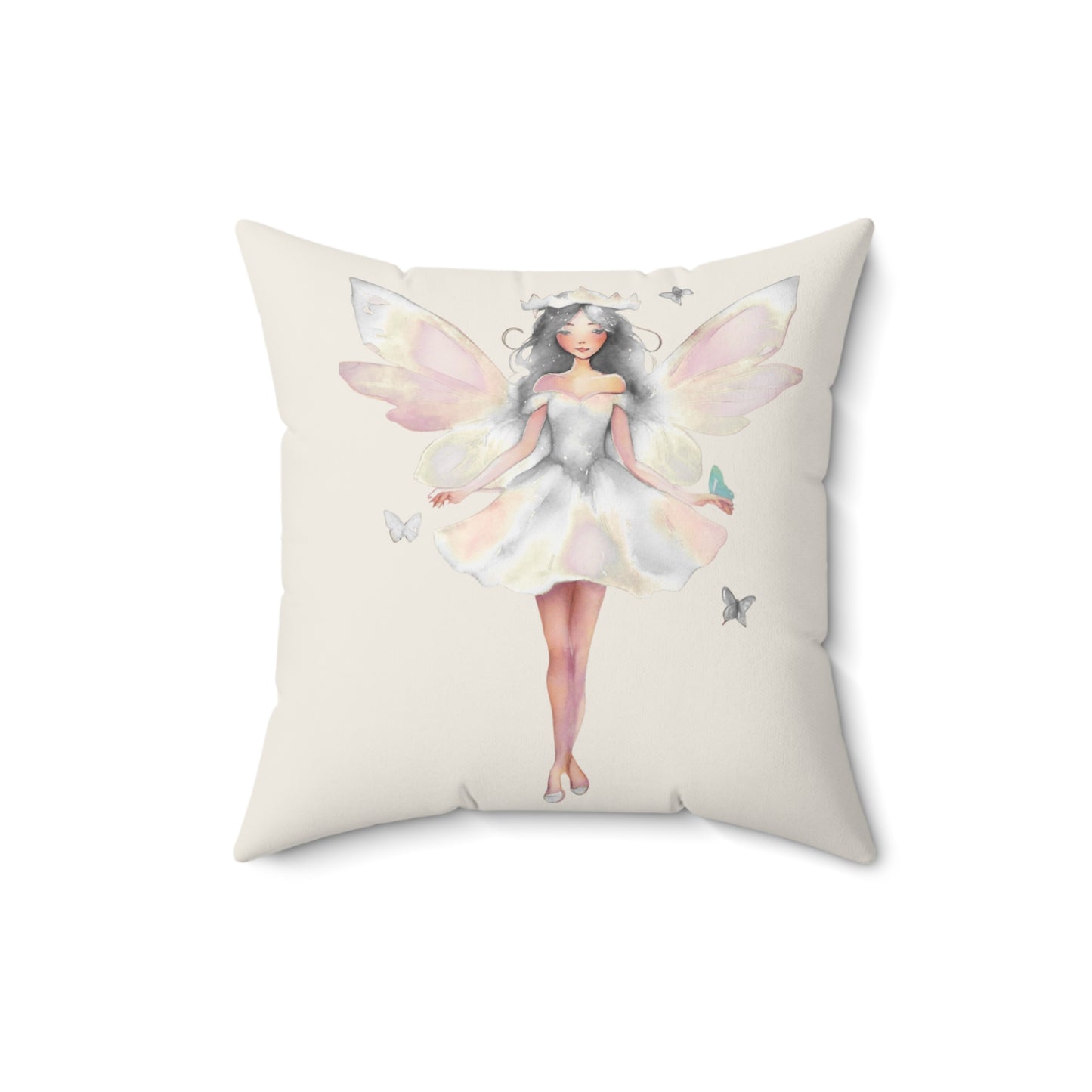 Cream Decorative pillow with a white fairy design on a white background