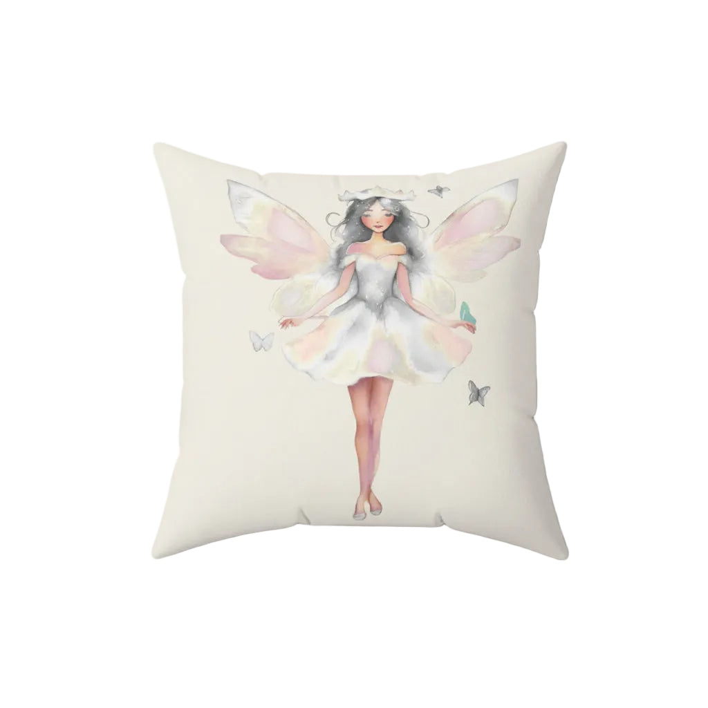 Cream Decorative pillow with a white fairy design on a white background