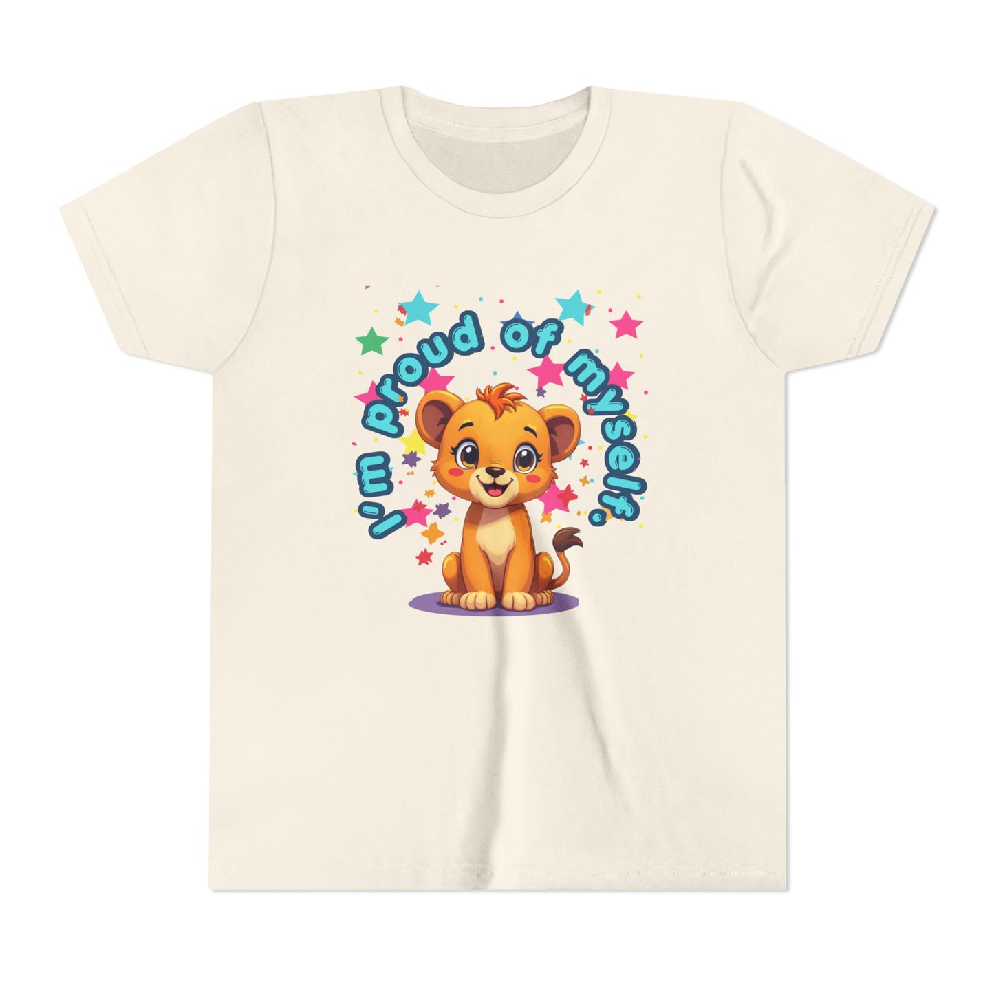 Beige t-shirt with a cartoon lion and 'Proud of myself' text on a white background