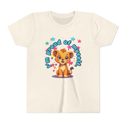 Beige t-shirt with a cartoon lion and 'Proud of myself' text on a white background