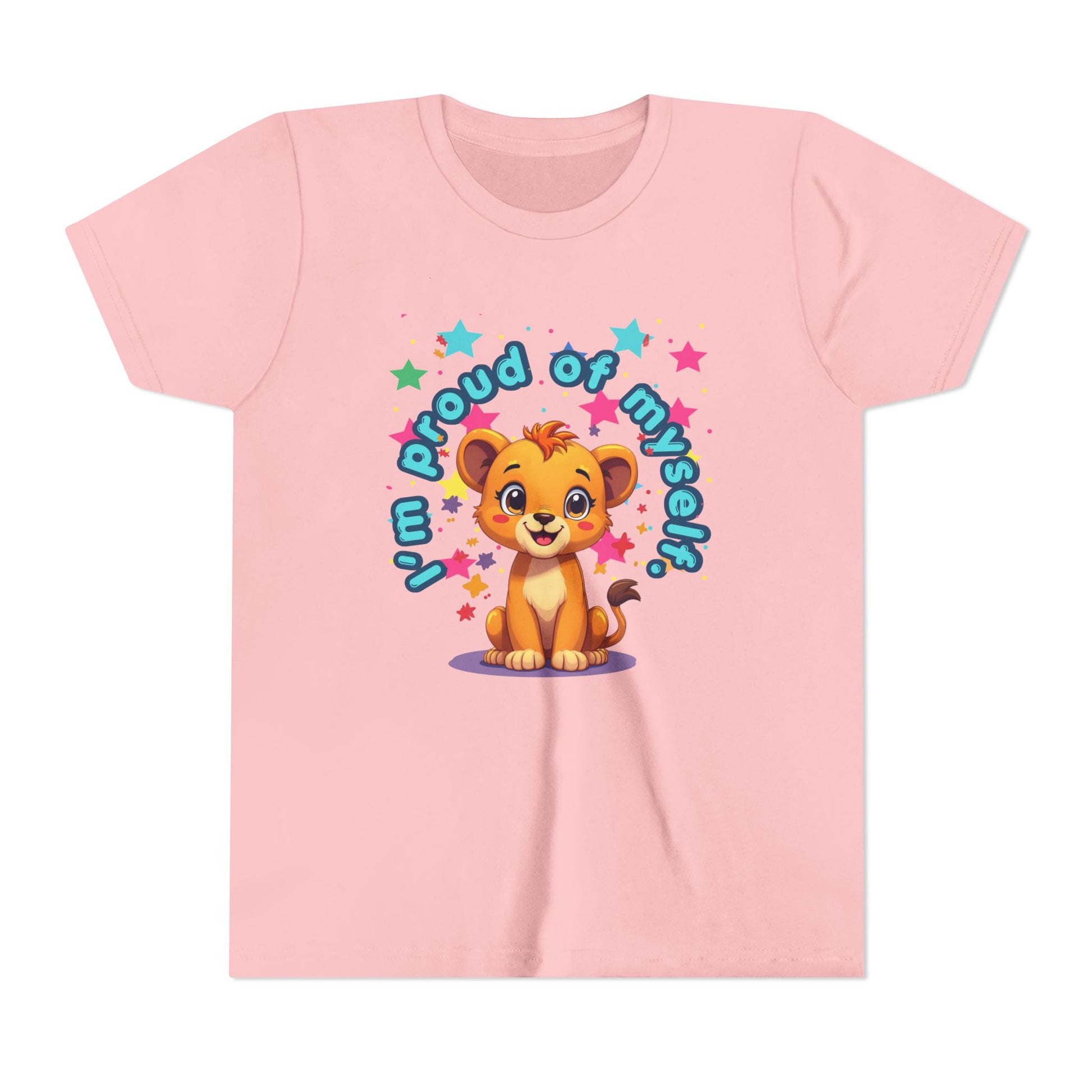 Pink t-shirt with a cartoon lion and 'Proud of myself' text on a white background