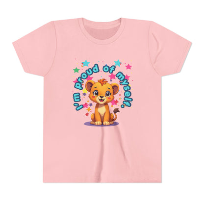 Pink t-shirt with a cartoon lion and 'Proud of myself' text on a white background