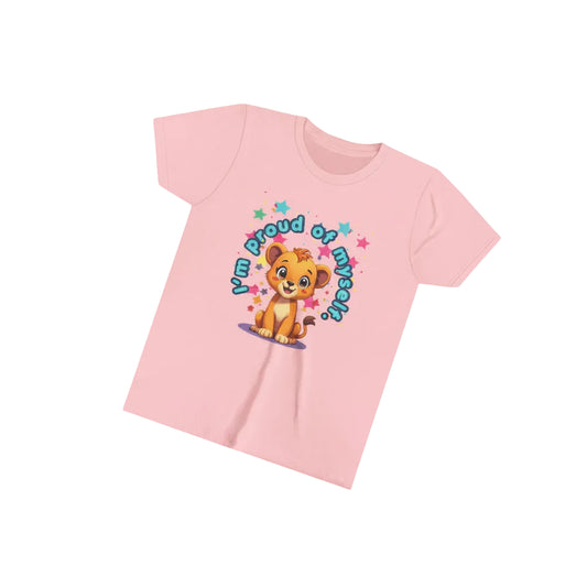 Pink t-shirt with a cartoon lion and 'Proud of myself' text on a white background