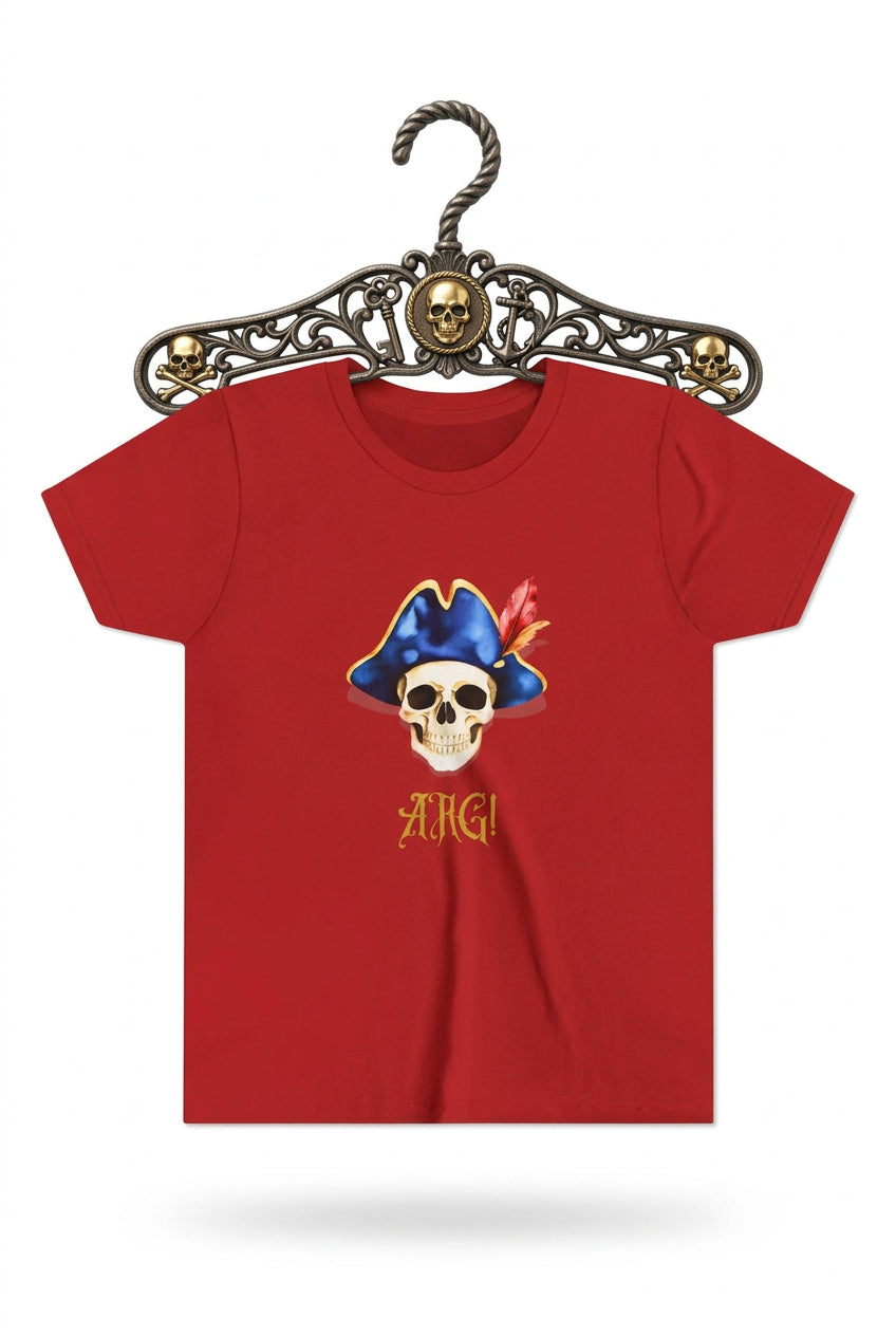 Kids red T‑shirt with a pirate skull wearing a blue hat and red feather, with “ARG!” in yellow text.