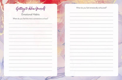 Two self-reflection pages with questions on a colorful abstract background