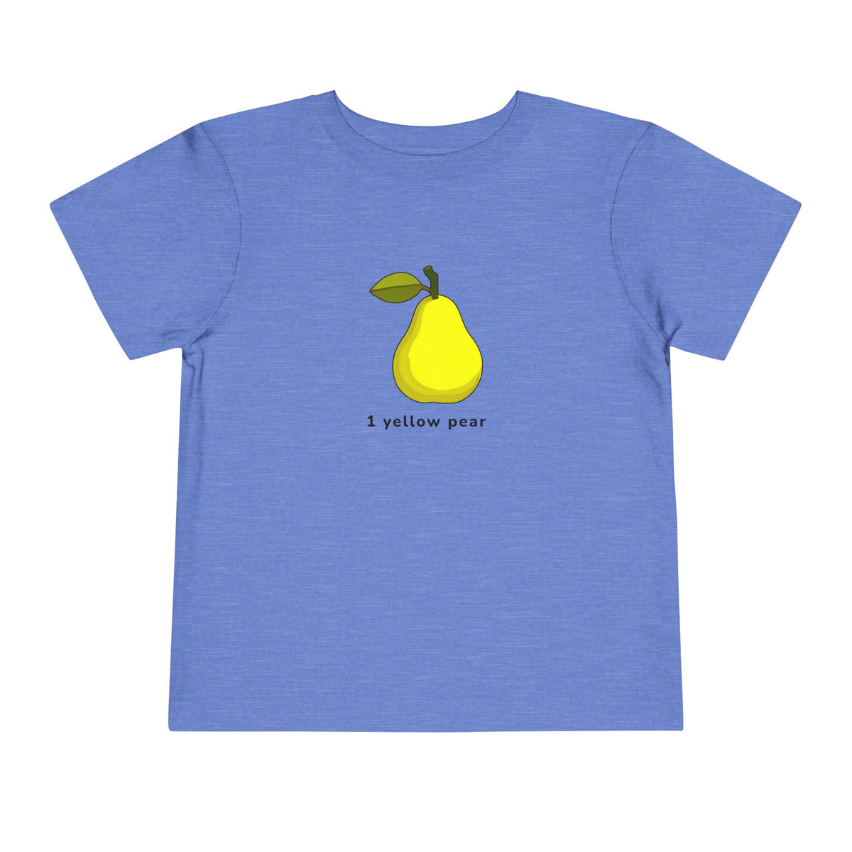 A heather blue short-sleeve t-shirt featuring a graphic of a yellow pear with a green stem and leaf, and the text '1 yellow pear' printed below it.