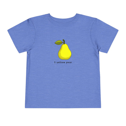 A heather blue short-sleeve t-shirt featuring a graphic of a yellow pear with a green stem and leaf, and the text '1 yellow pear' printed below it.