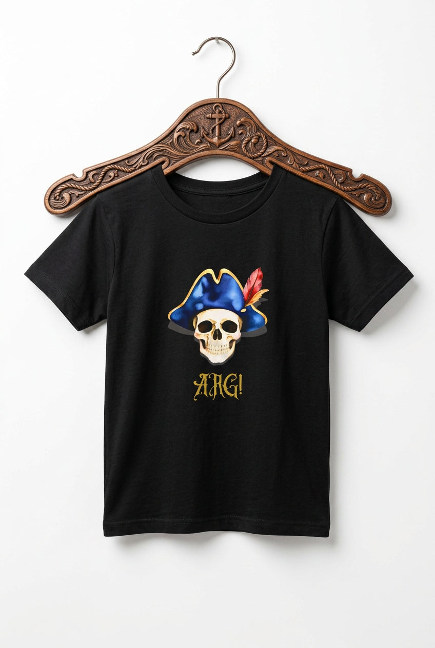 Kids black T‑shirt with a pirate skull wearing a blue hat and red feather, with “ARG!” in yellow text.