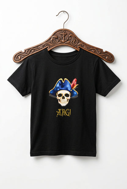 Kids black T‑shirt with a pirate skull wearing a blue hat and red feather, with “ARG!” in yellow text.