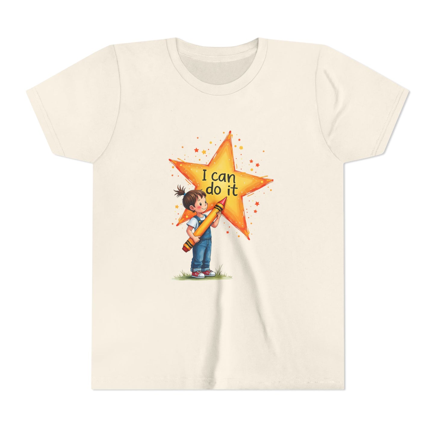 Beige t-shirt with a child holding a star and 'I can do it' text on a white background