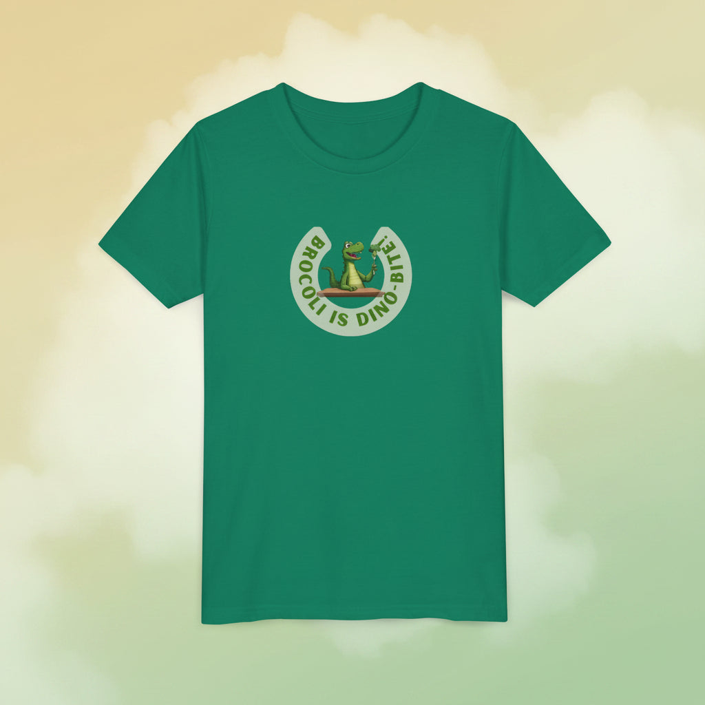 green tshirt with green dinosaur graship and text Broccoli is dino-bite