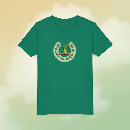 green tshirt with green dinosaur graship and text Broccoli is dino-bite