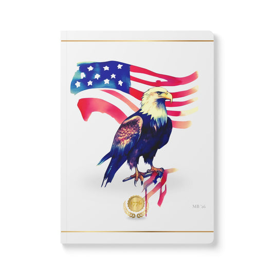 Notebook with a colorful American flag and bald eagle design on a white background