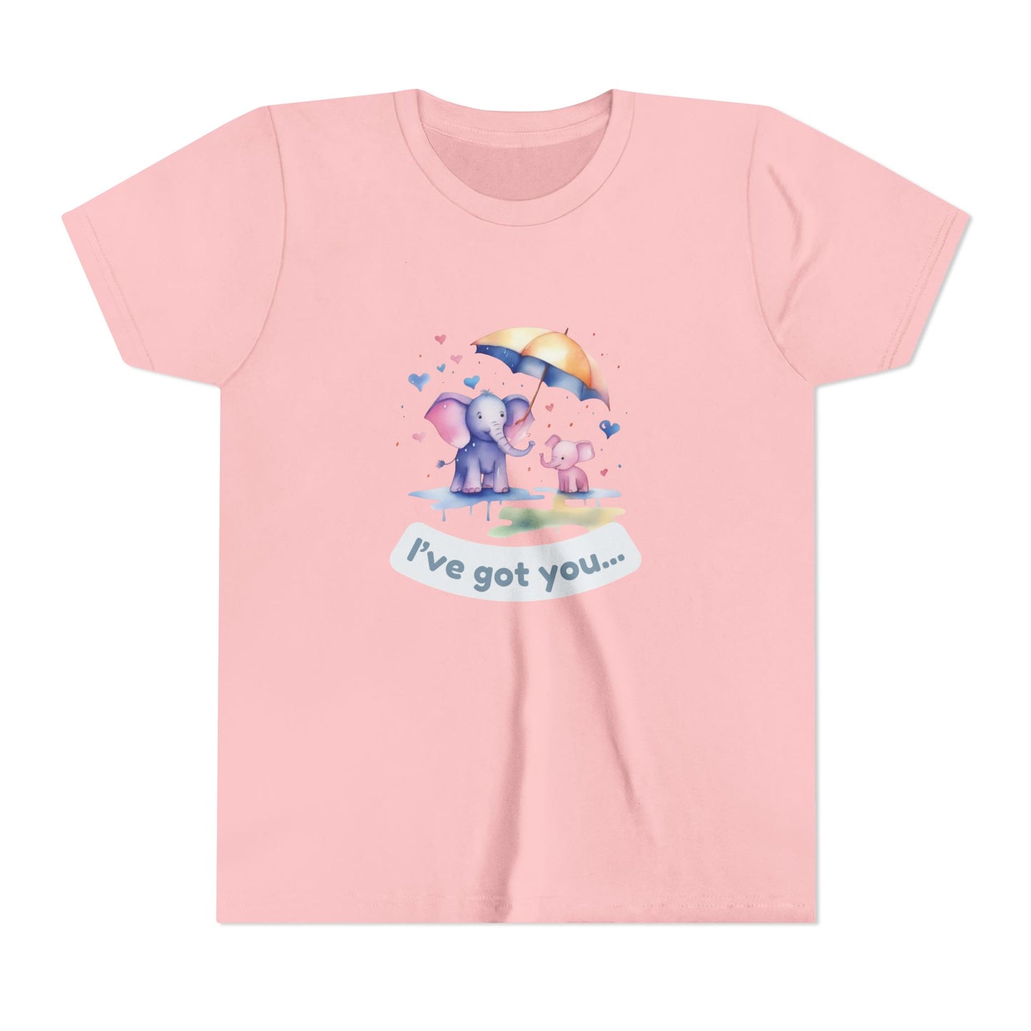 Pink t-shirt with cartoon design of two elephants and a rainbow, text 'I've got you', on a white background.
