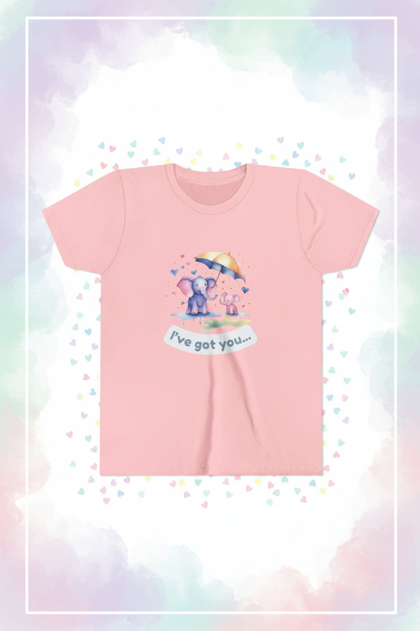 Pink t-shirt with cartoon design of two elephants and a rainbow, text 'I've got you', on a white background.