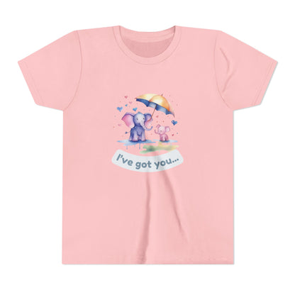 Pink t-shirt with cartoon design of two elephants and a rainbow, text 'I've got you', on a white background.