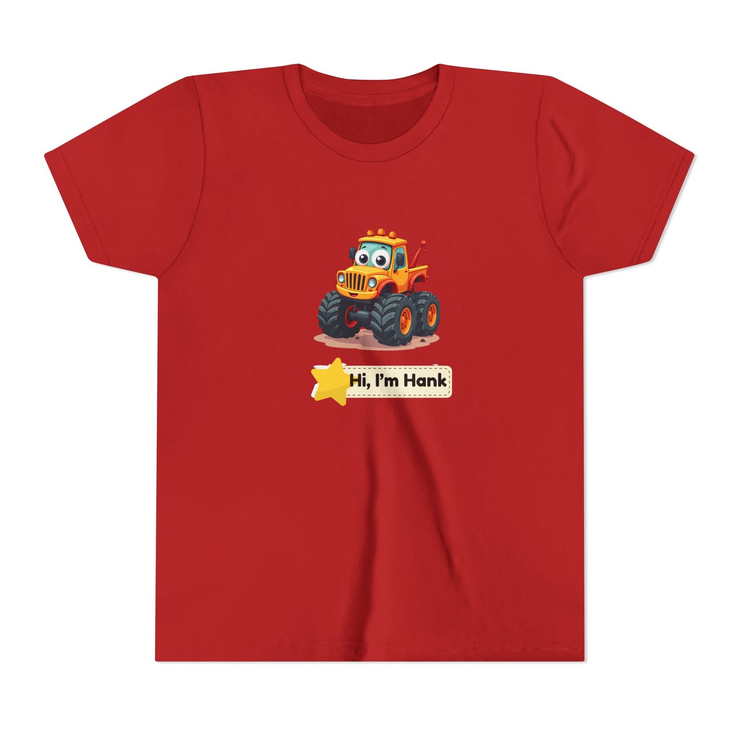 A red short-sleeve crewneck t-shirt featuring a cartoon graphic of a cheerful yellow/ orange monster tires truck with a yellow star and a name tage that reads 'Hi, I'm Hank'.