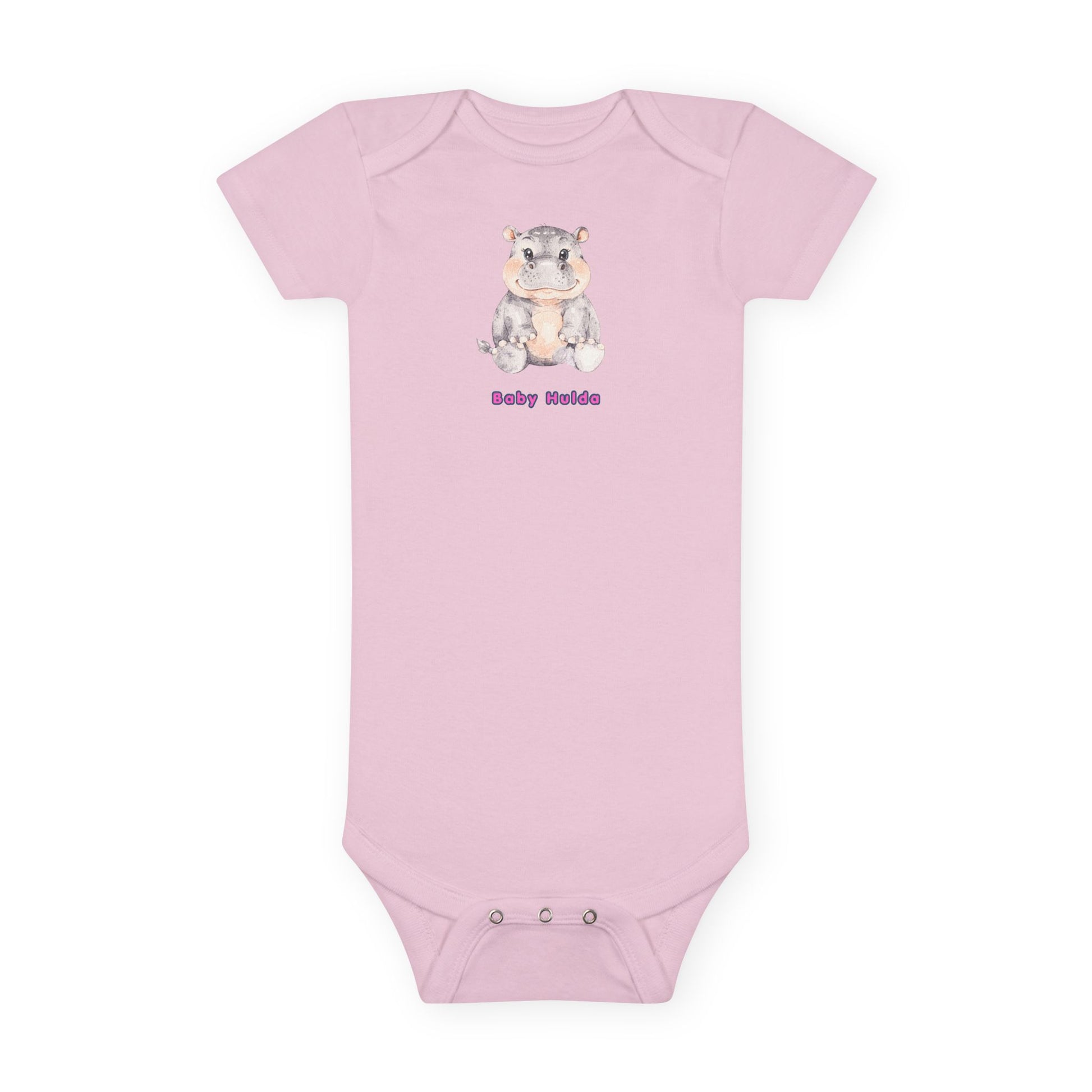 Pink baby onesie with a cartoon hedgehog design and 'Baby Nuts' text on a white background