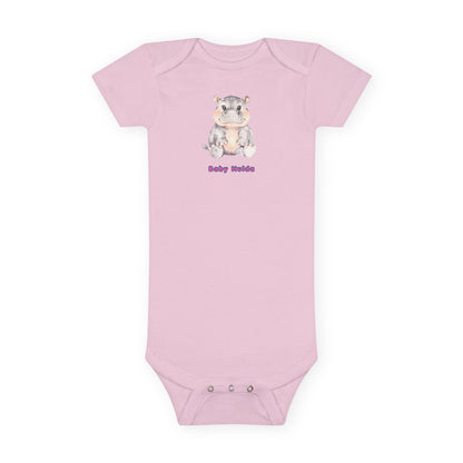 Pink baby onesie with a cartoon hedgehog design and 'Baby Nuts' text on a white background