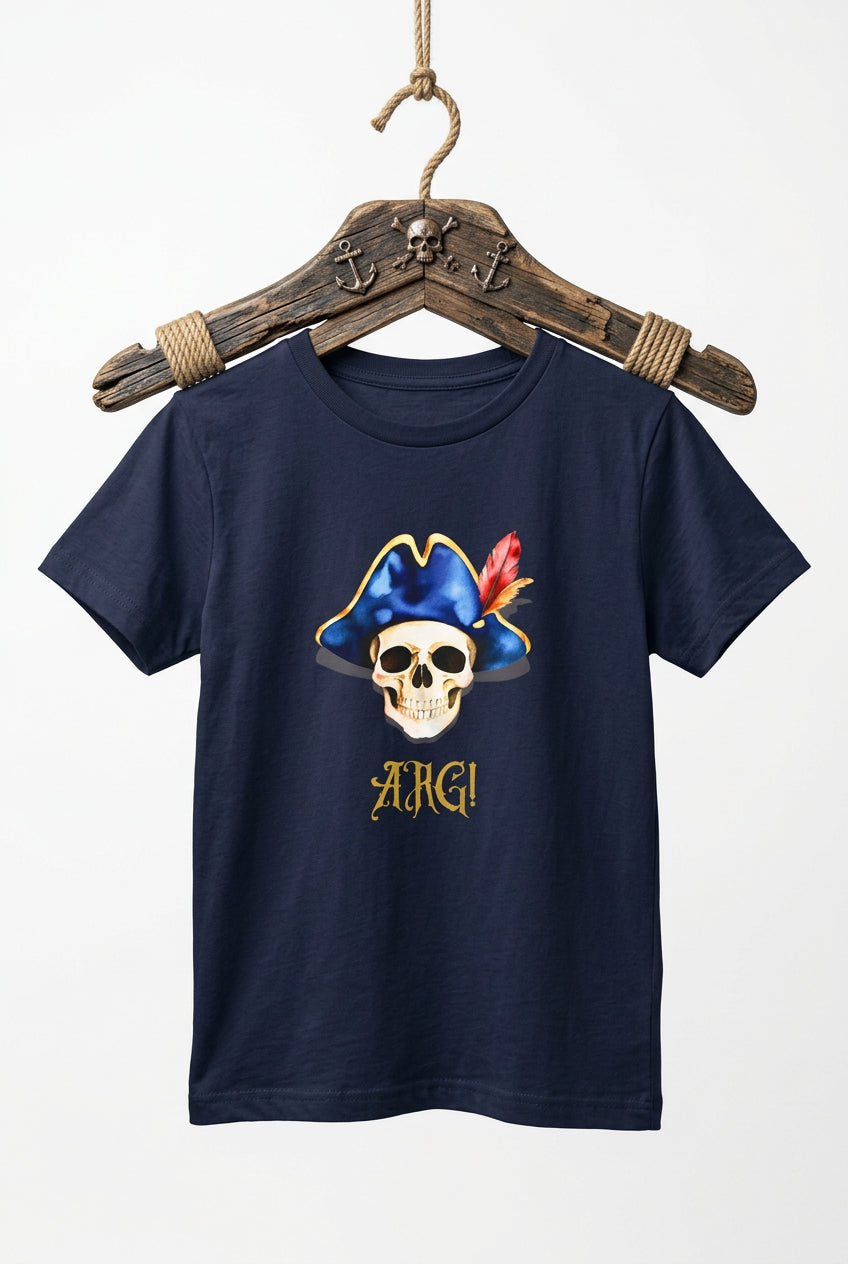 Kids navy T‑shirt with a pirate skull wearing a blue hat and red feather, with “ARG!” in yellow text.