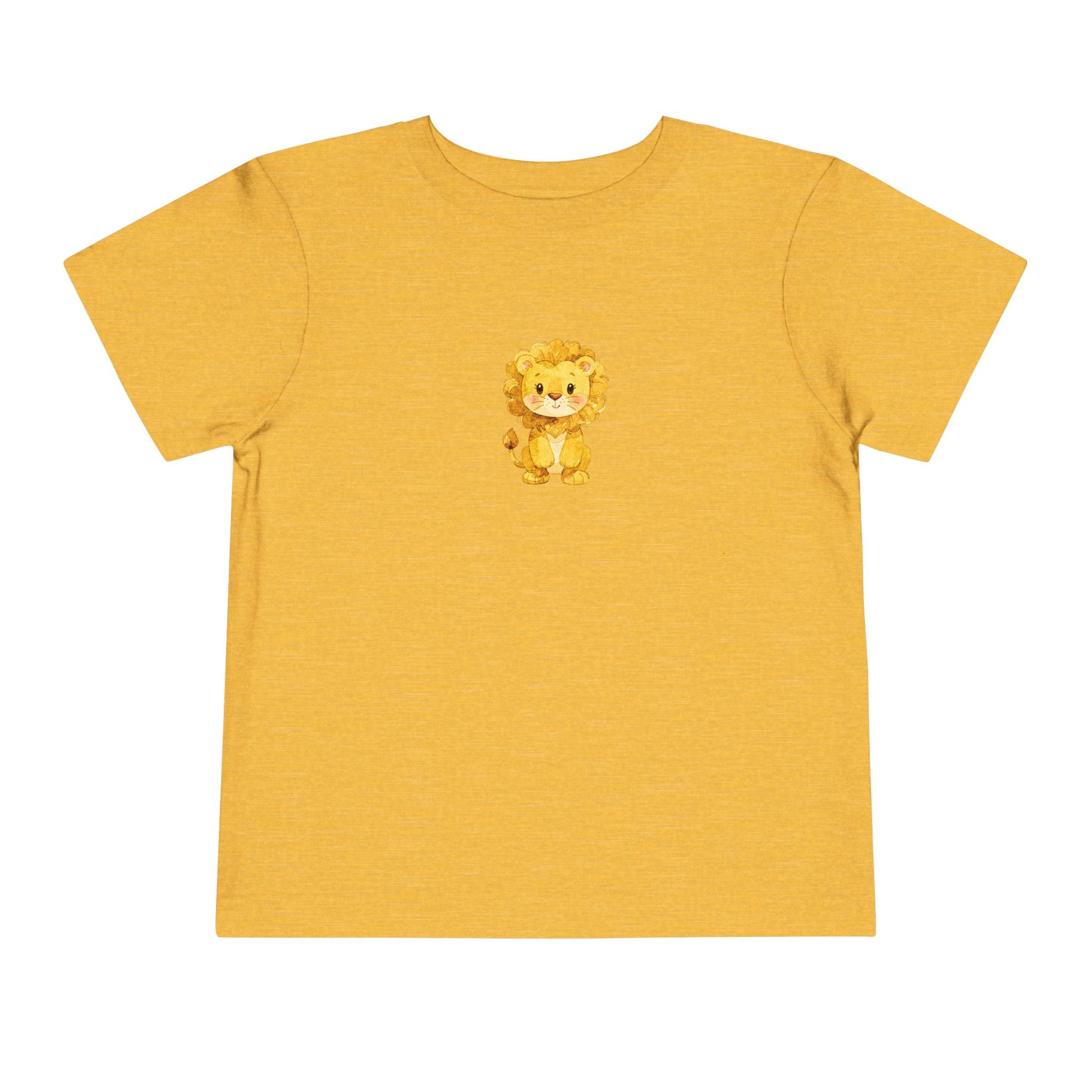 Cute watercolor lion yellow gold toddler t‑shirt with a small heart detail, printed on a soft Bella + Canvas short‑sleeve tee.