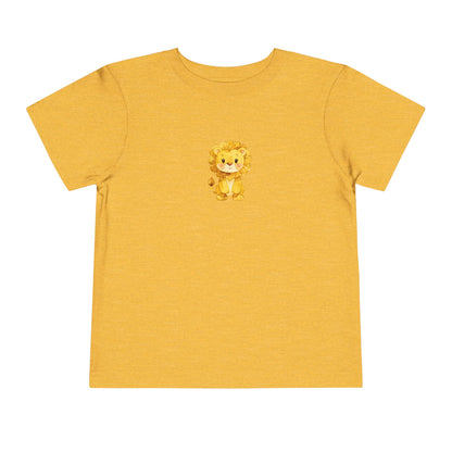 Cute watercolor lion yellow gold toddler t‑shirt with a small heart detail, printed on a soft Bella + Canvas short‑sleeve tee.