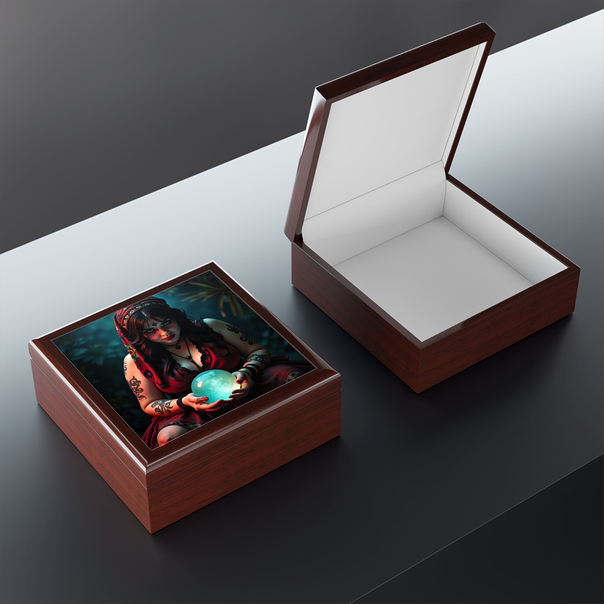 Wooden box with framed artwork of a woman holding a glowing blue orb with a dark, mystical background.