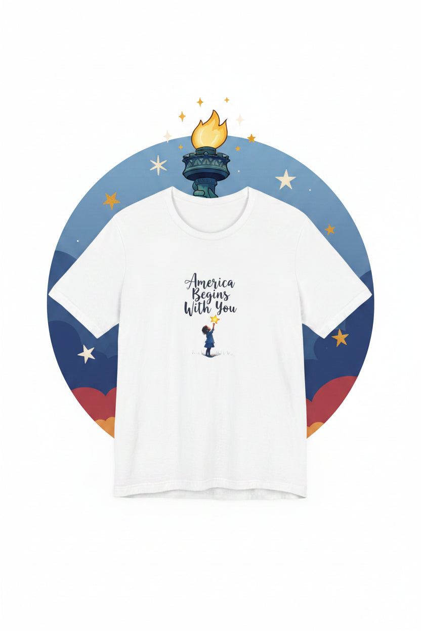 White t-shirt with 'America Begins With You' text and graphic on a white background