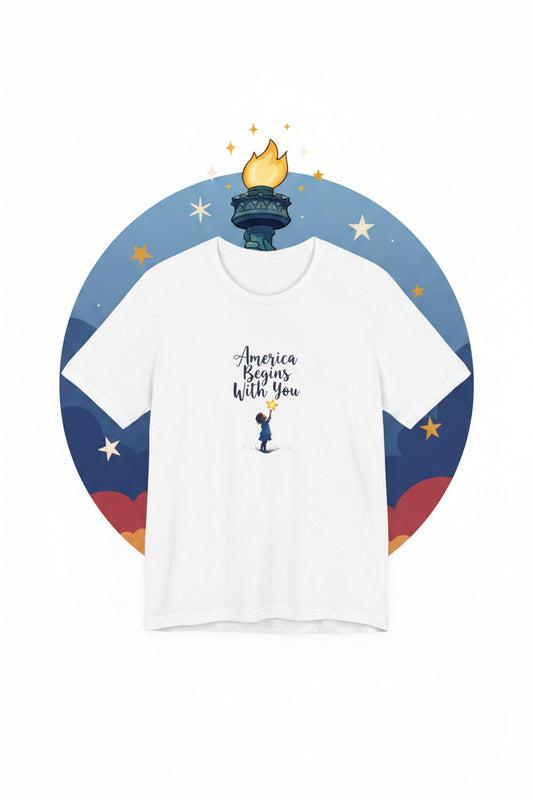 White t-shirt with 'America Begins With You' text and graphic on a white background