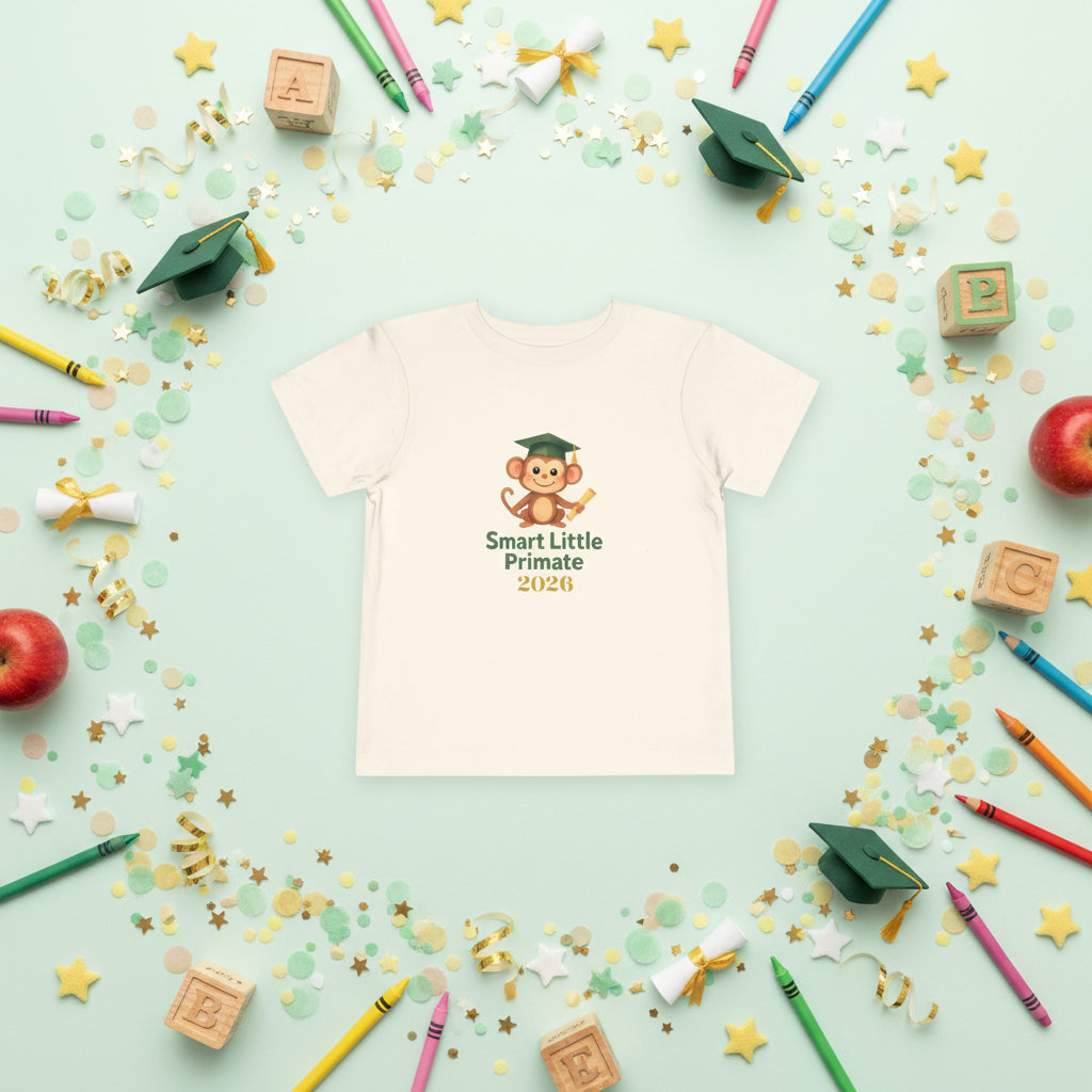 Toddler T‑shirt with a cheerful monkey wearing a graduation cap and holding a diploma, with the text ‘Smart Little Primate 2026" on the front of the natural colored tee.