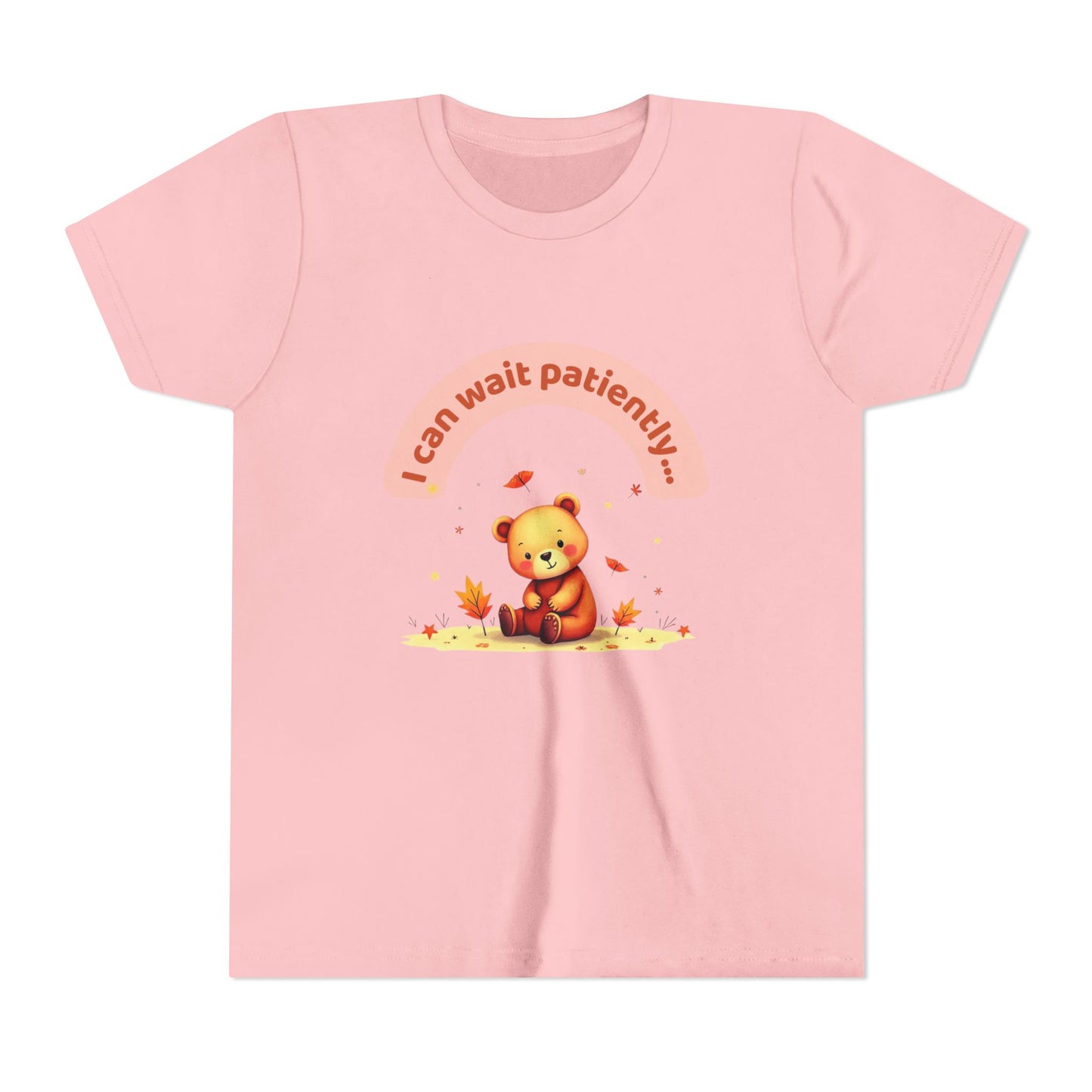 Pink t-shirt with a bear graphic and text on a white background