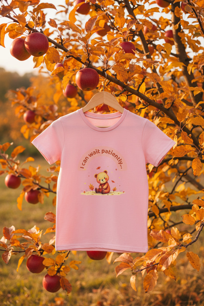 Pink t-shirt with a bear graphic and text on a white background