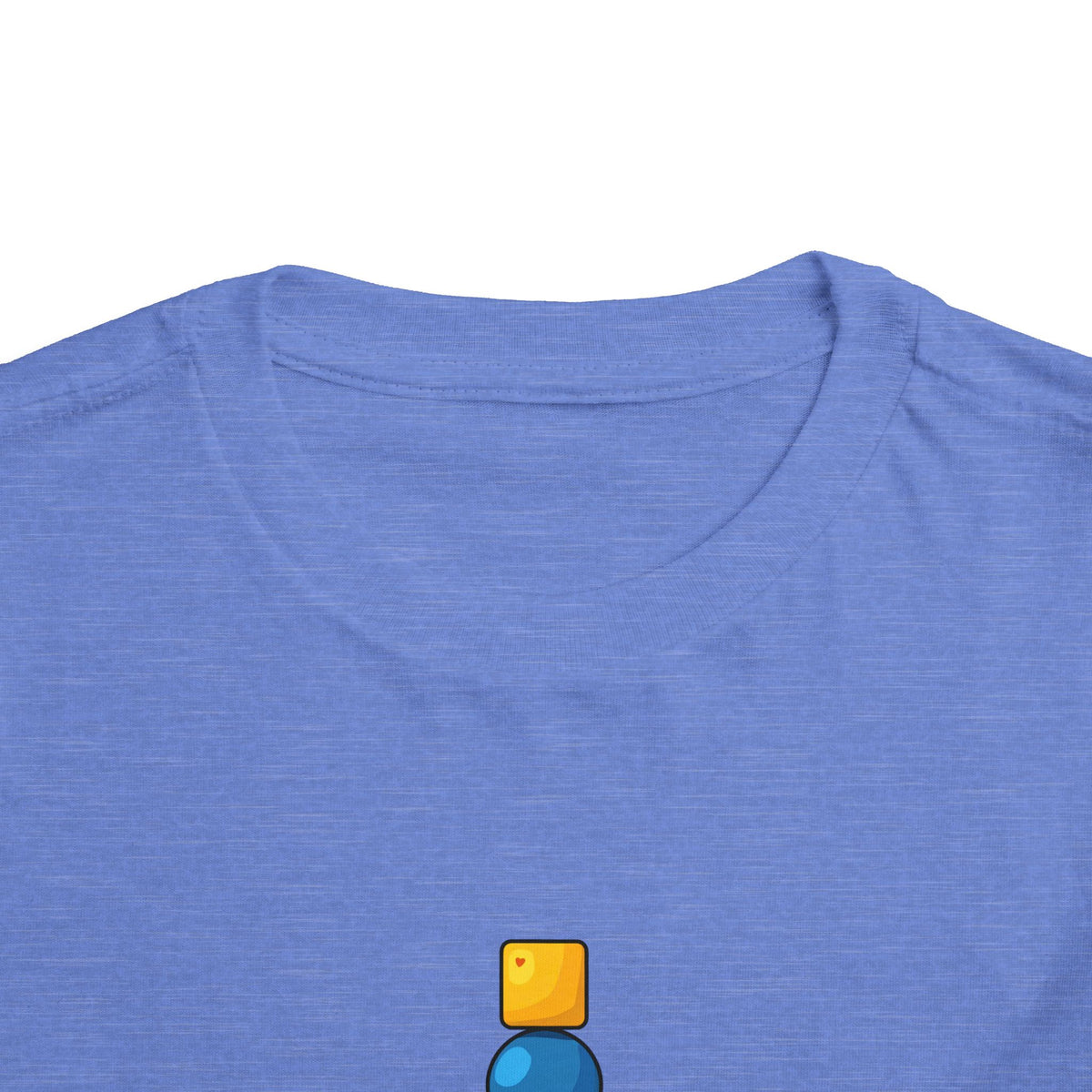 Close-up of a heathered periwinkle blue t-shirt showing the inner collar and the top of a small graphic print featuring a yellow square and blue circle.