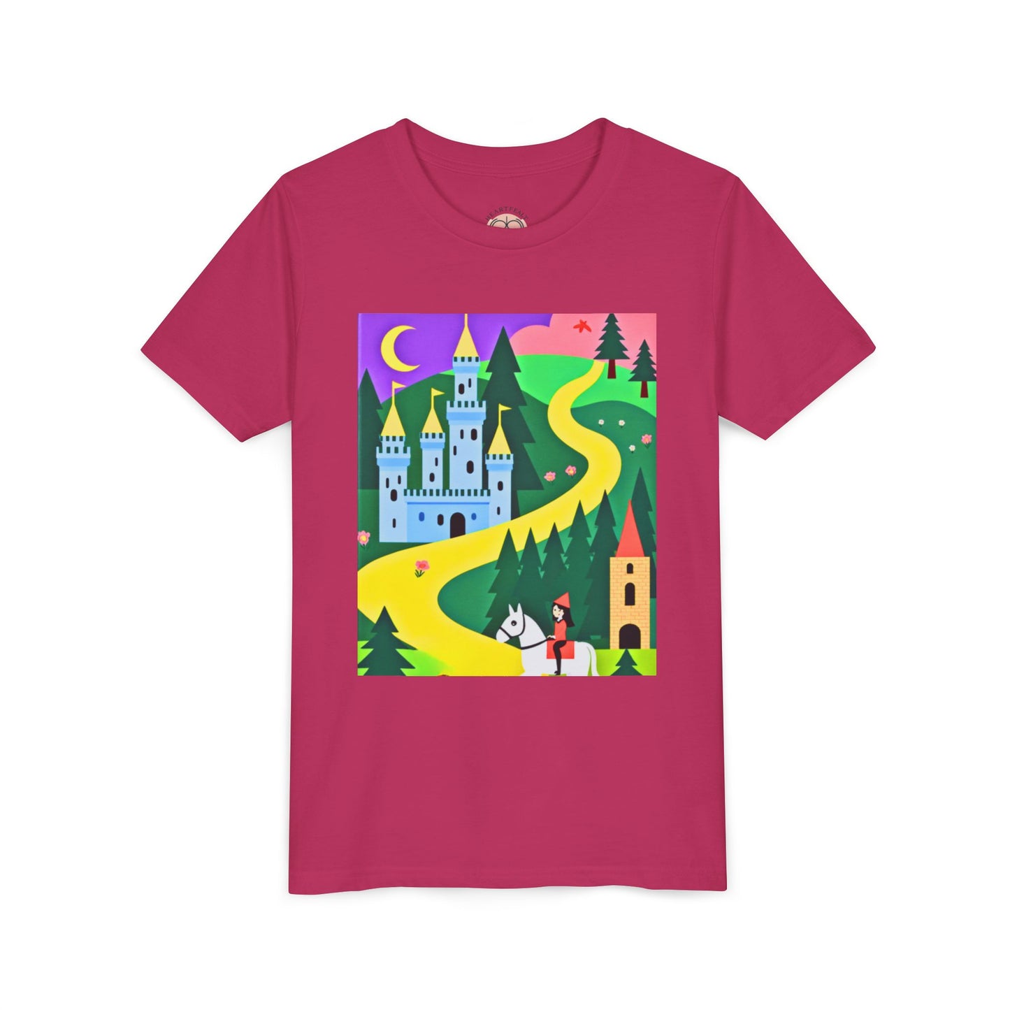 Pink t-shirt with a colorful graphic of a castle and path on a white background