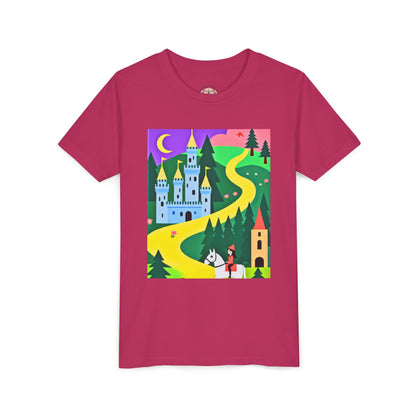 Pink t-shirt with a colorful graphic of a castle and path on a white background