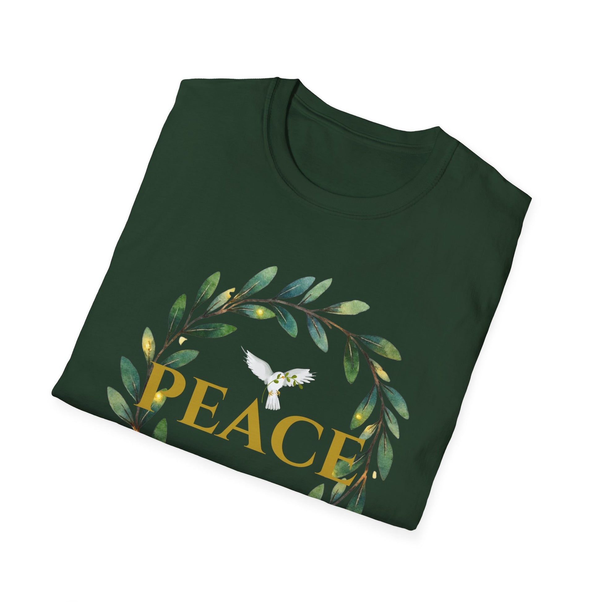 Folded forest green Gildan t-shirt with graphic design and text on a white background
