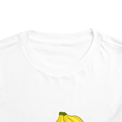 Close-up of a white crewneck t-shirt showing the inner collar and the top of a yellow banana graphic printed on the chest.