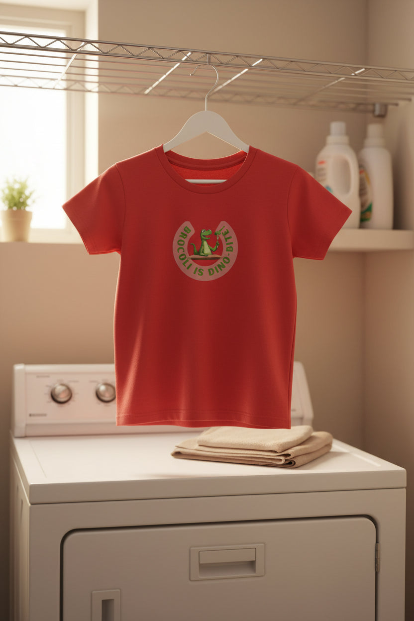 A red t-shirt with a green dinosaur in the middle. A circlual text reads Broccoli is Dino-bite.