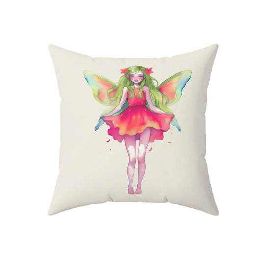 Pillow with a fairy design on a sage background with multicolored hollyhocks.