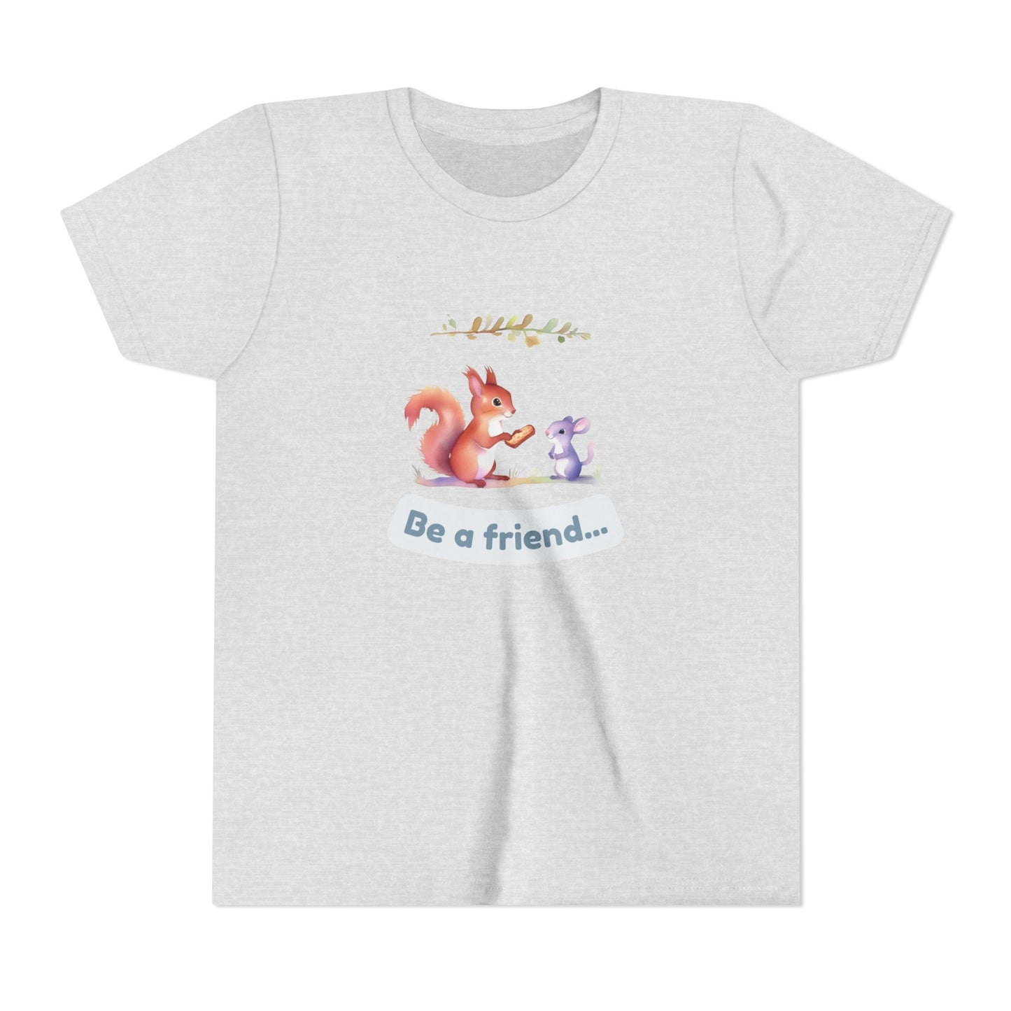 White t-shirt with a cartoon squirrel and mouse design and 'Be a friend' text on a white background
