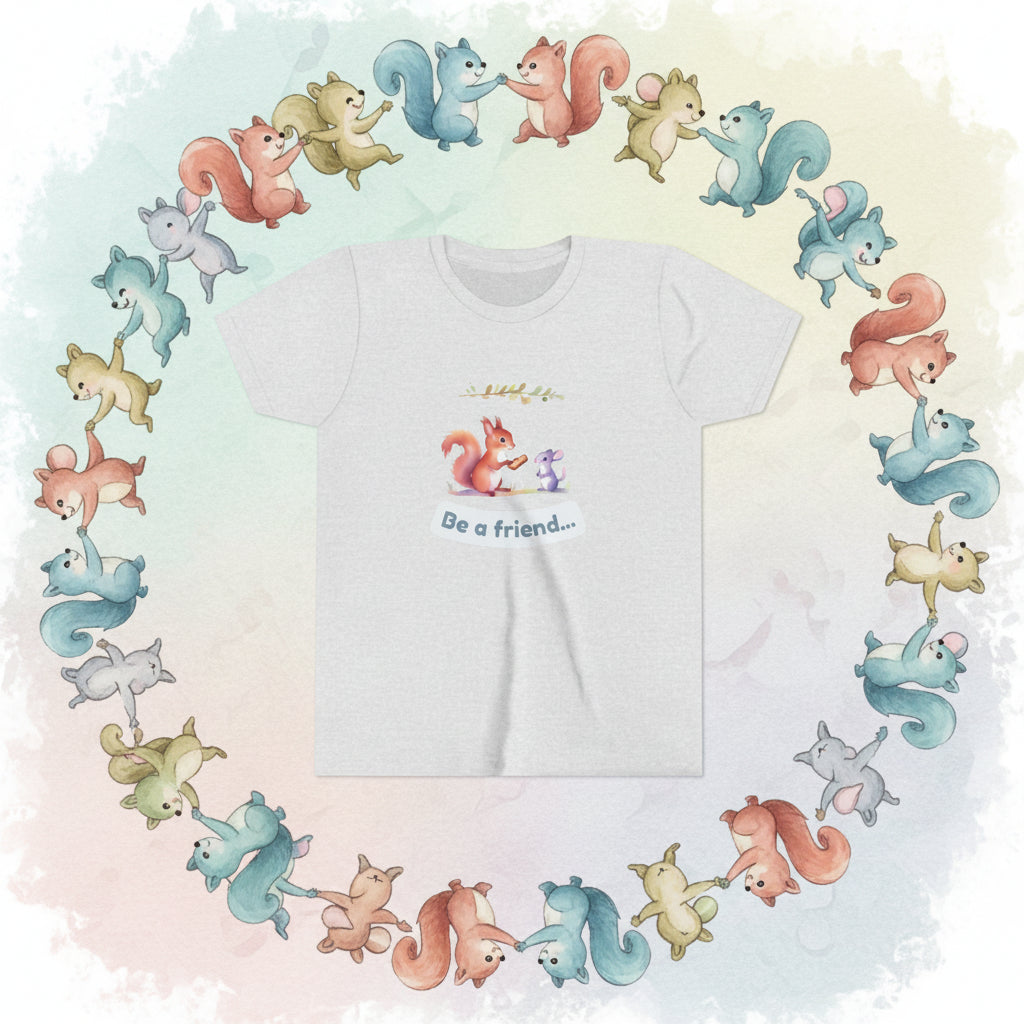 White t-shirt with a cartoon squirrel and mouse design and 'Be a friend' text on a white background