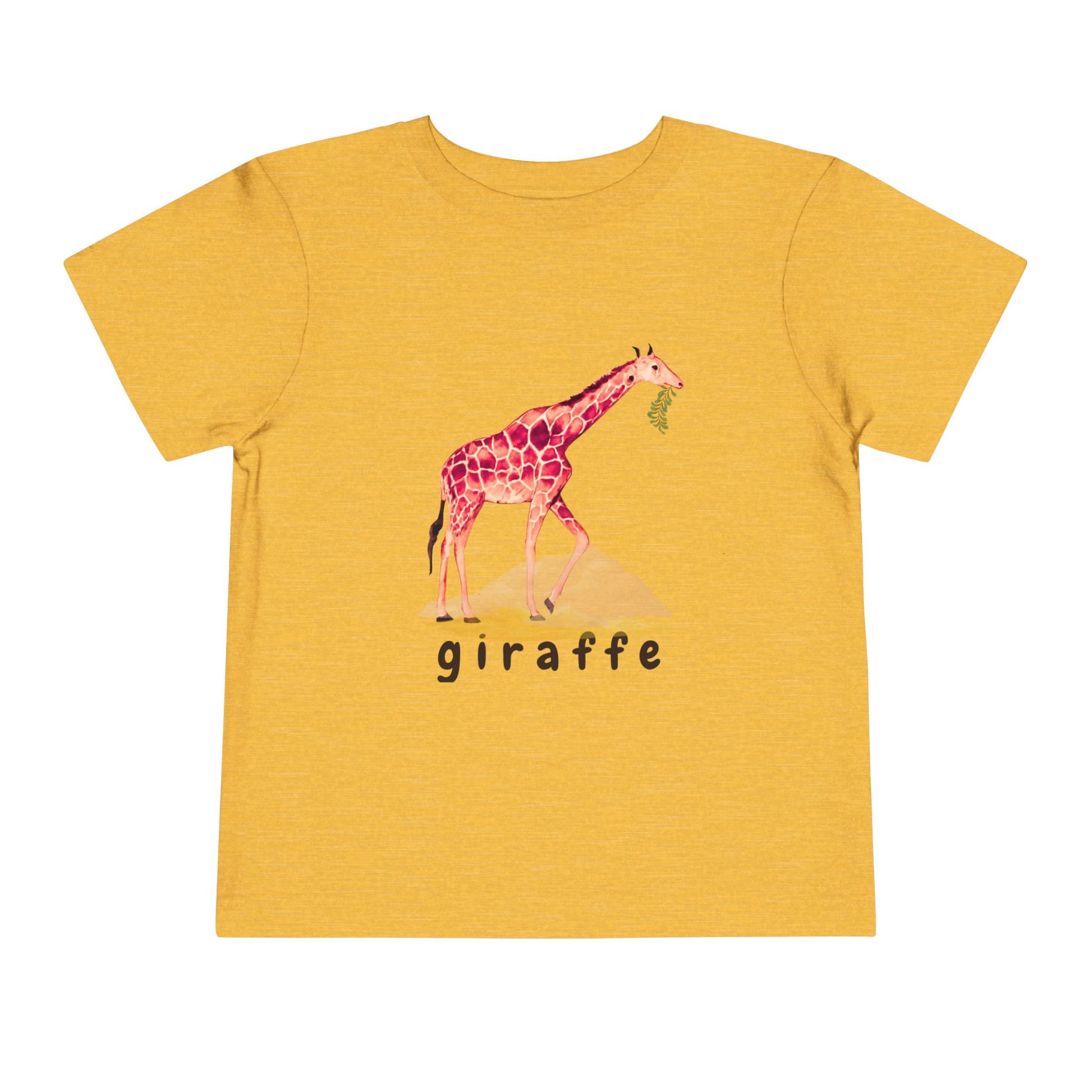 Yellow t-shirt with a giraffe graphic and the word 'giraffe' on a white background
