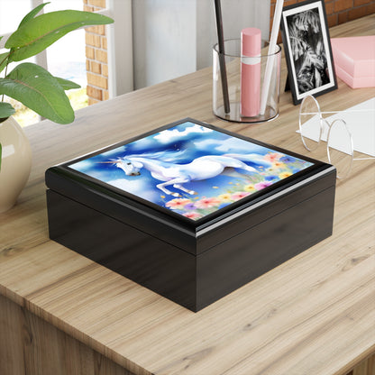 Unicorn Jewelry Box — Magical White Unicorn in Floral Meadow Keepsake Box