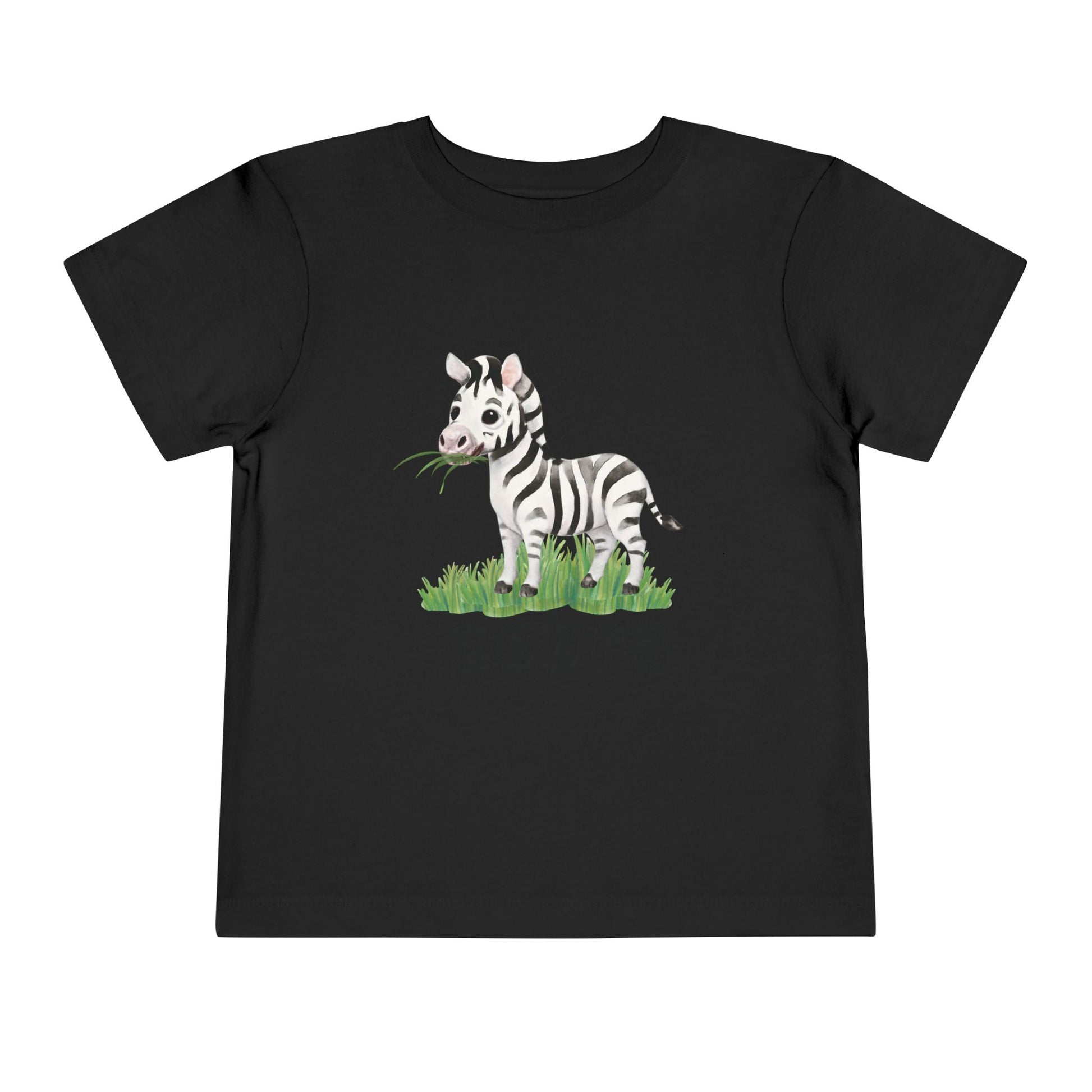 Black t-shirt with a zebra graphic on a white background