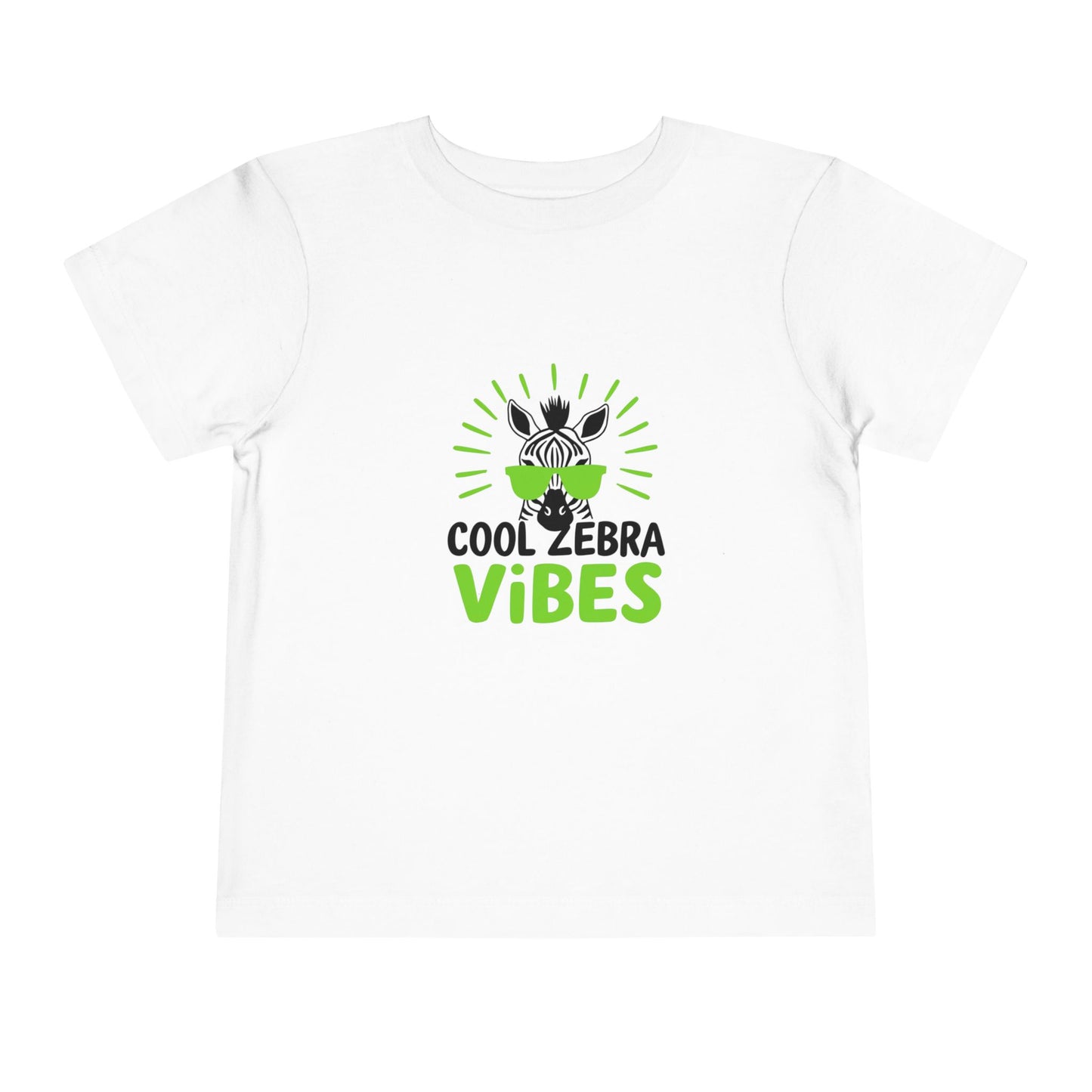 Zebra head graphic wearing bright green sunglasses on a toddler t-shirt.