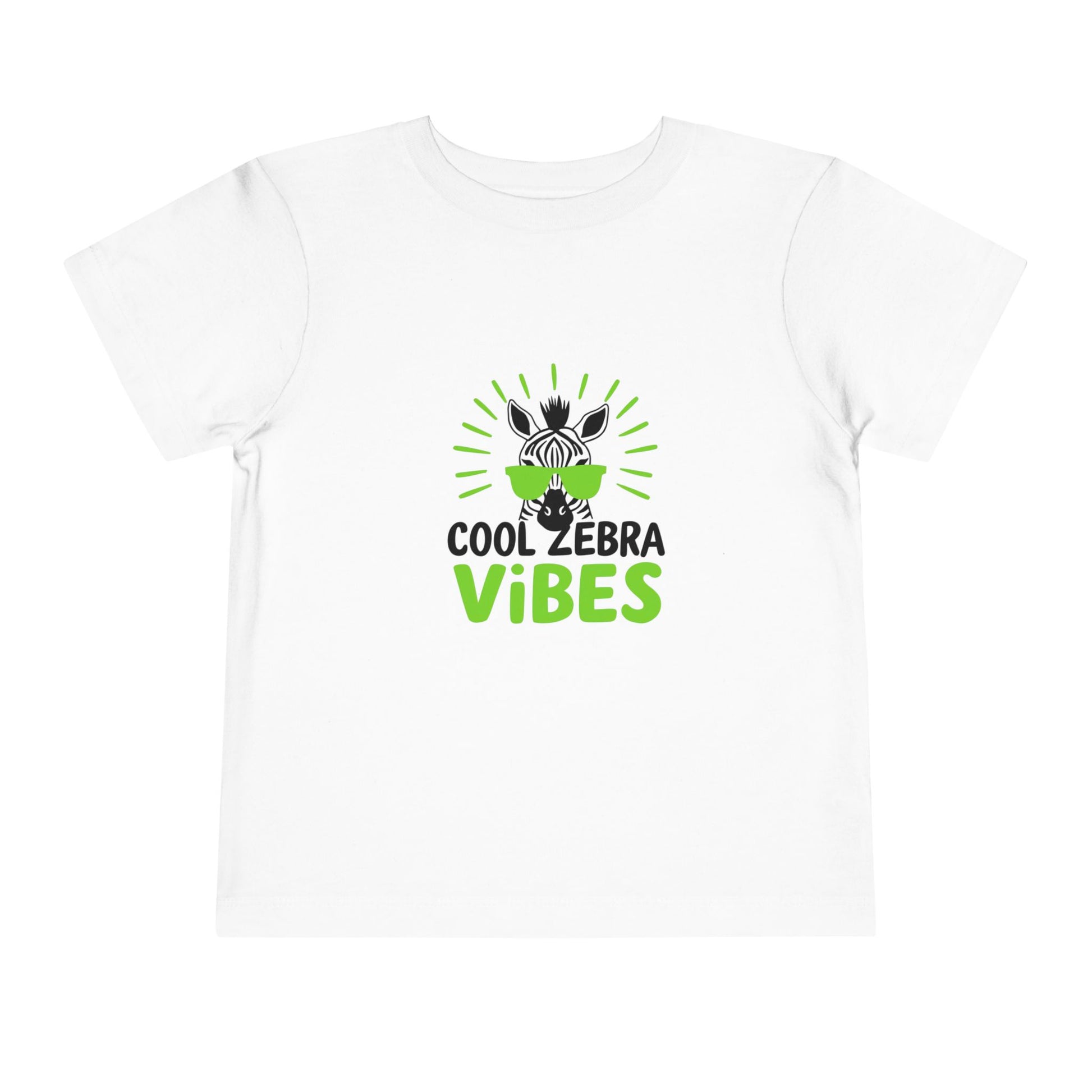 Zebra head graphic wearing bright green sunglasses on a toddler t-shirt.
