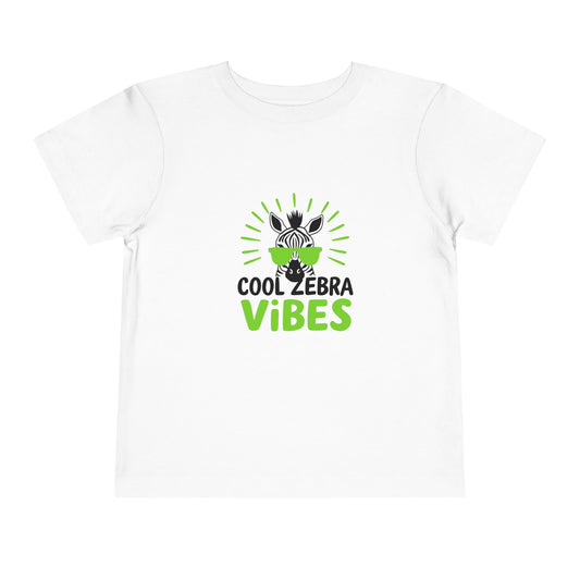 Zebra head graphic wearing bright green sunglasses on a toddler t-shirt.