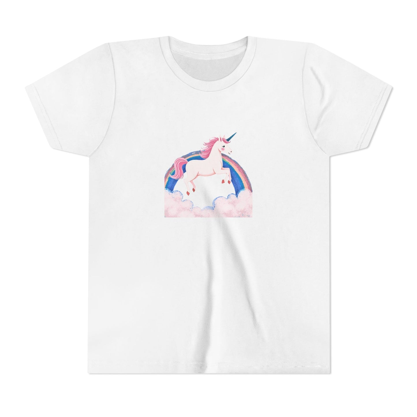 White t-shirt with a colorful unicorn graphic on a white background