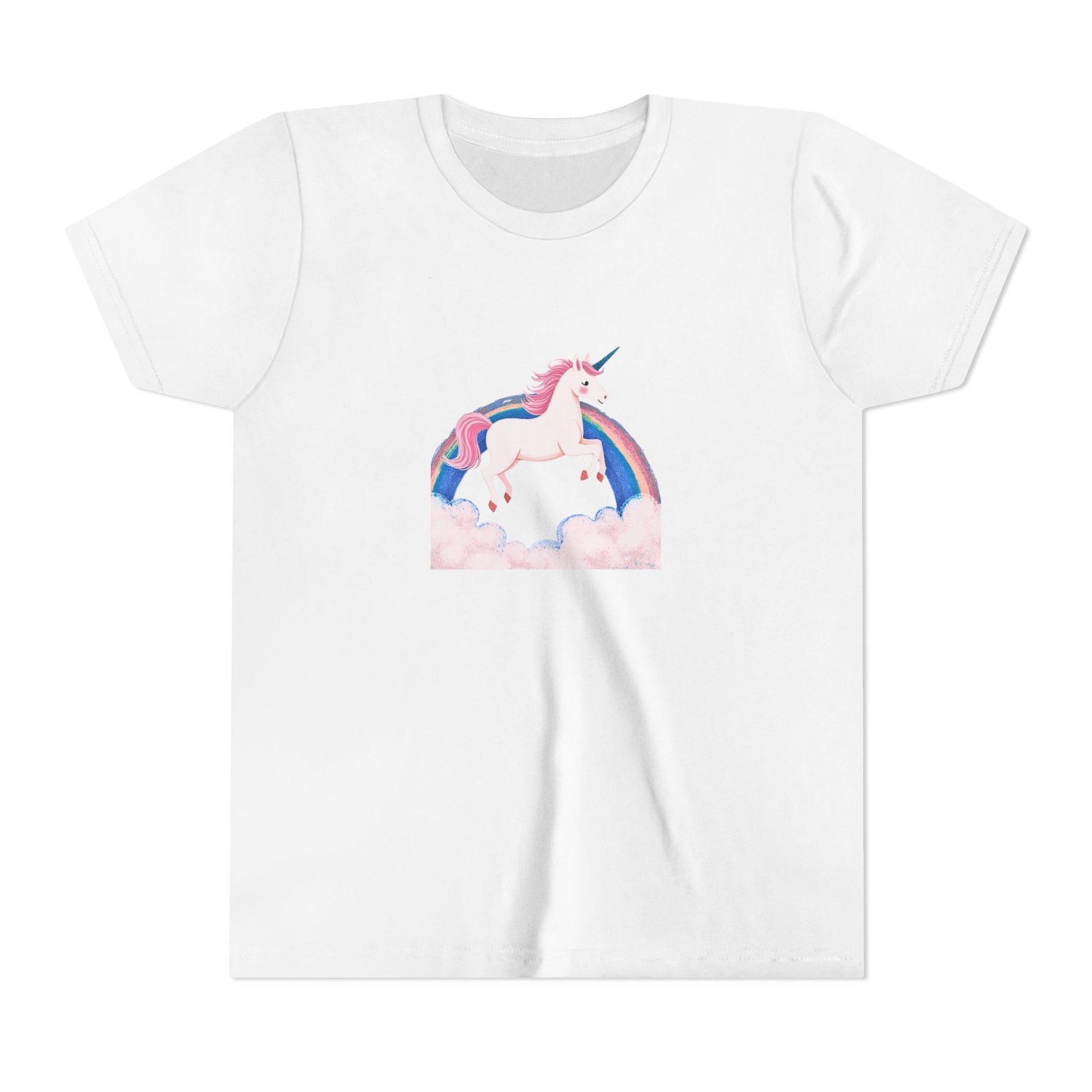 White t-shirt with a colorful unicorn graphic on a white background