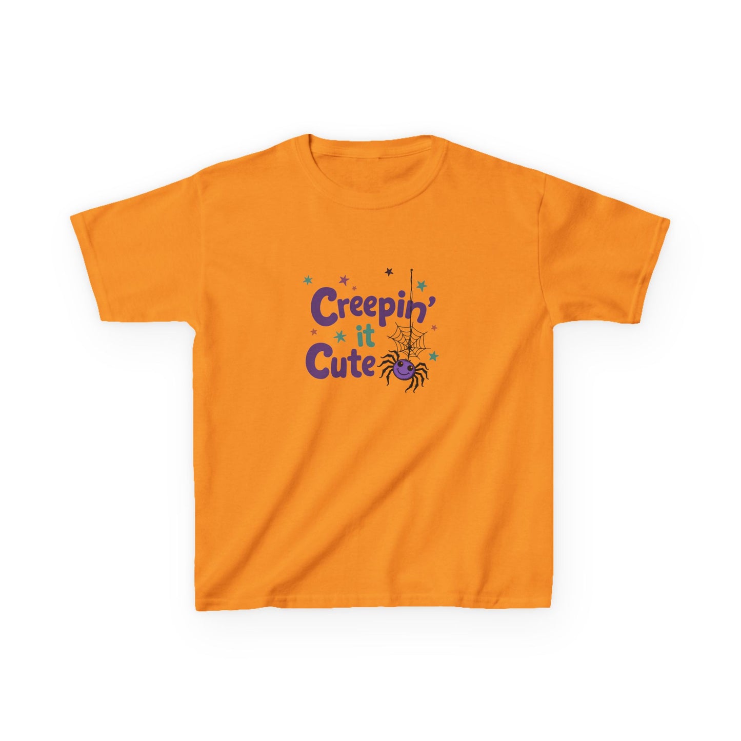 An orange short-sleeve kids' t-shirt with a 'Creepin' Cute' Halloween graphic on the chest, featuring purple text, a spider, and small stars, displayed on a clean white background.Tennessee orange
